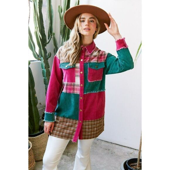 Fantastic Fawn Plaid Corduroy Button Down Longline Shacket IFJ63444-02 - Picture 5 of 10